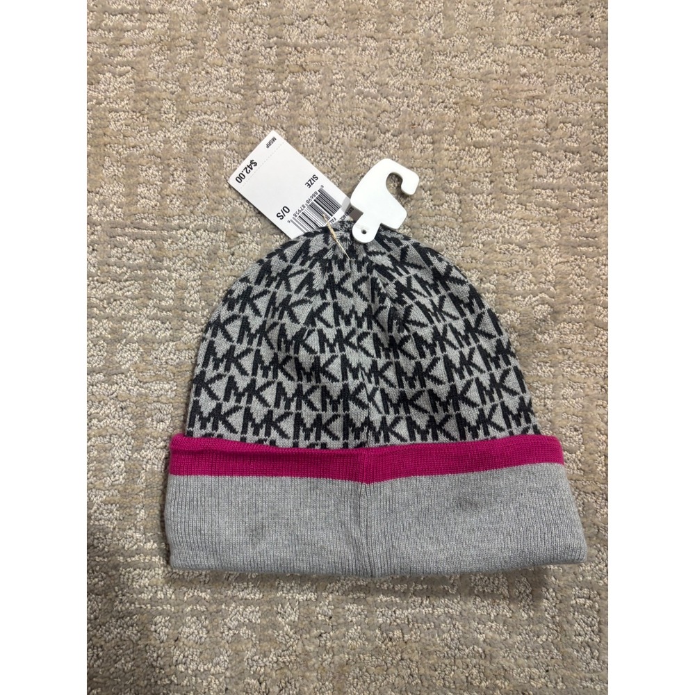 Michael Kors Womens One Size‎ O S Knit Beanie Hat Pink Gray MK Logo